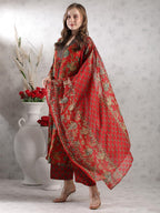 ANNI DESIGNER Women s Palazzo and Dupatta Rayon Blend Printed Kurta, Red, 44