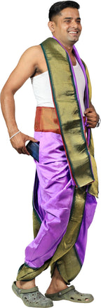 Prakasam Cotton Mens Asha Silk Panchakacham Ready To Wear Dhoti Towel Set With Pocket/Panchakacham Dhoti With Angavastram (Stitc
