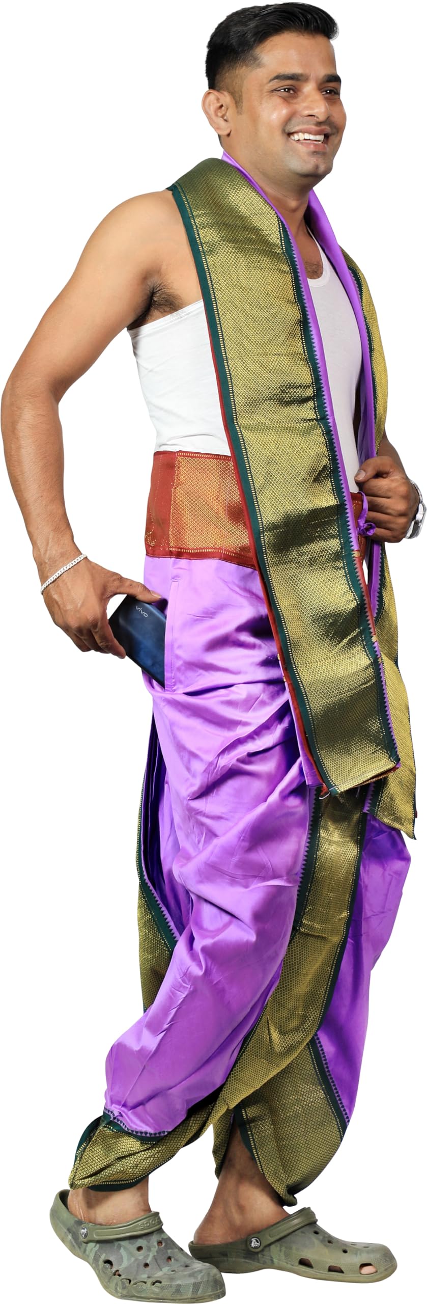 Prakasam Cotton Mens Asha Silk Panchakacham Ready To Wear Dhoti Towel Set With Pocket/Panchakacham Dhoti With Angavastram (Stitc