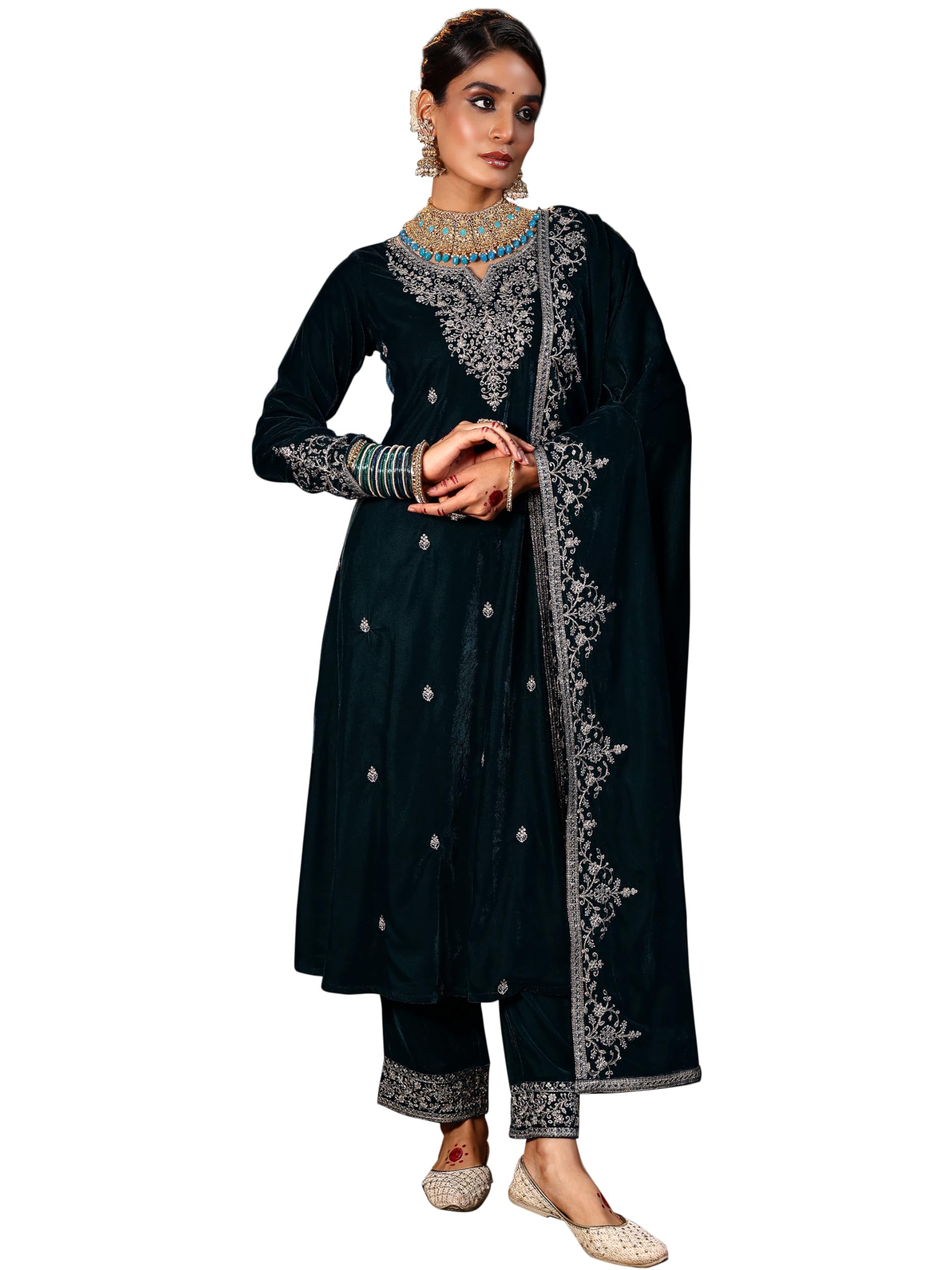 Libas Womens Embroidered Velvet A-Line Kurta With Palazzos And Dupatta