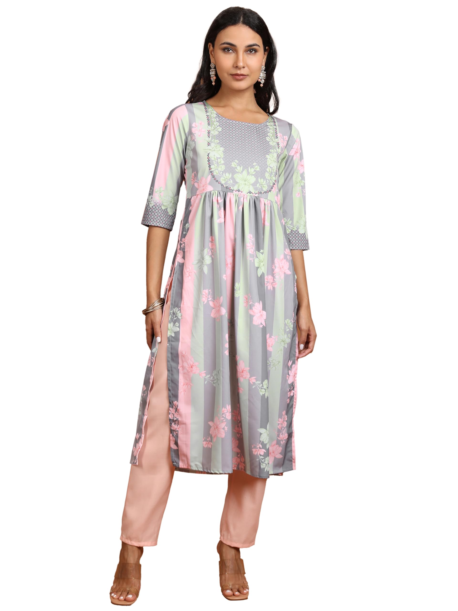Ketch Womens Threeforth Sleeve Regular Fit Kurta Khku000445 Grey Multi S