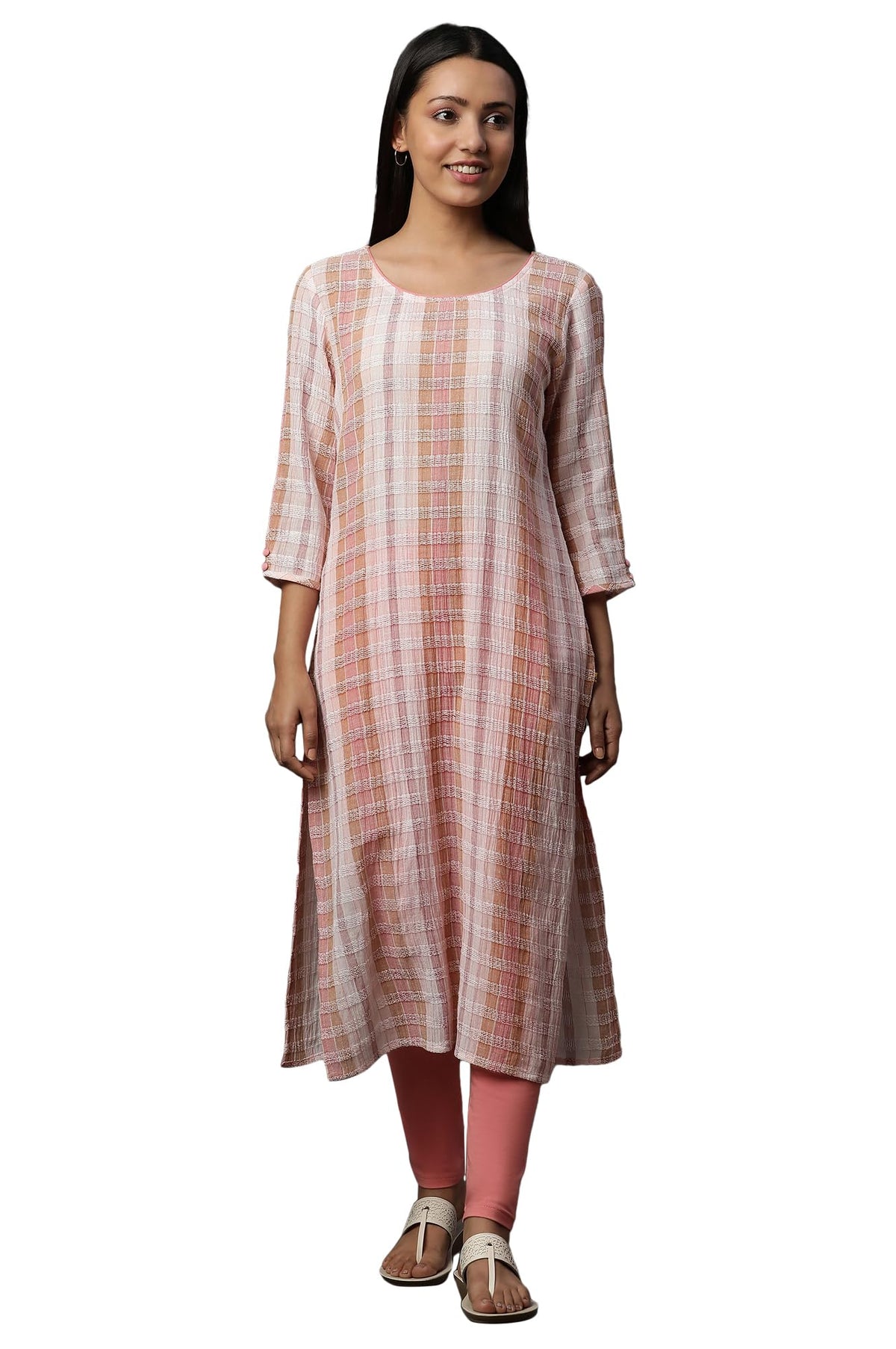 Aurelia Womens Cotton Striped Regular Kurta (24FEA14813_Pink