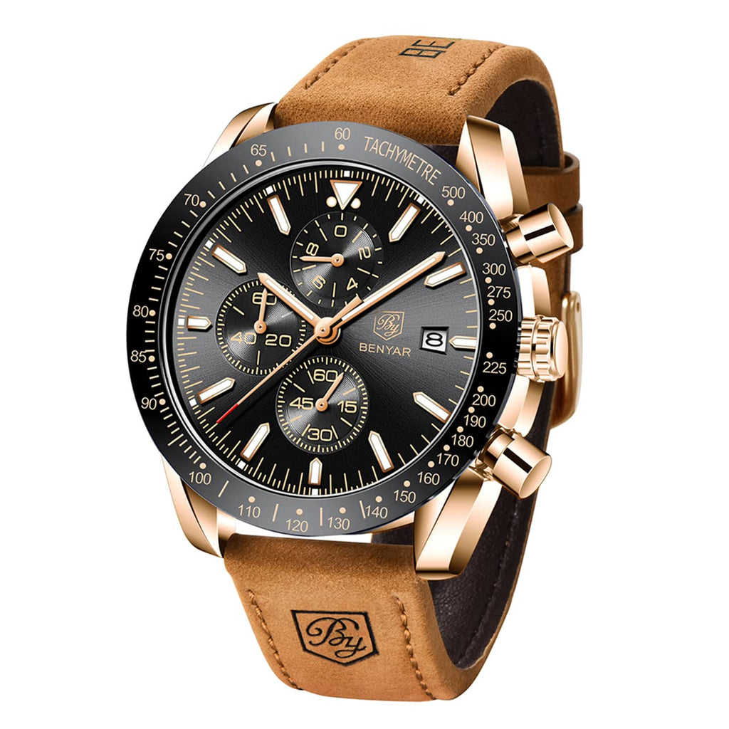 BENYAR Classic Fashion Quartz Chronograph Watch Casual Sport 30M Waterproof Leather Band Mens Watches (Brown-Black)
