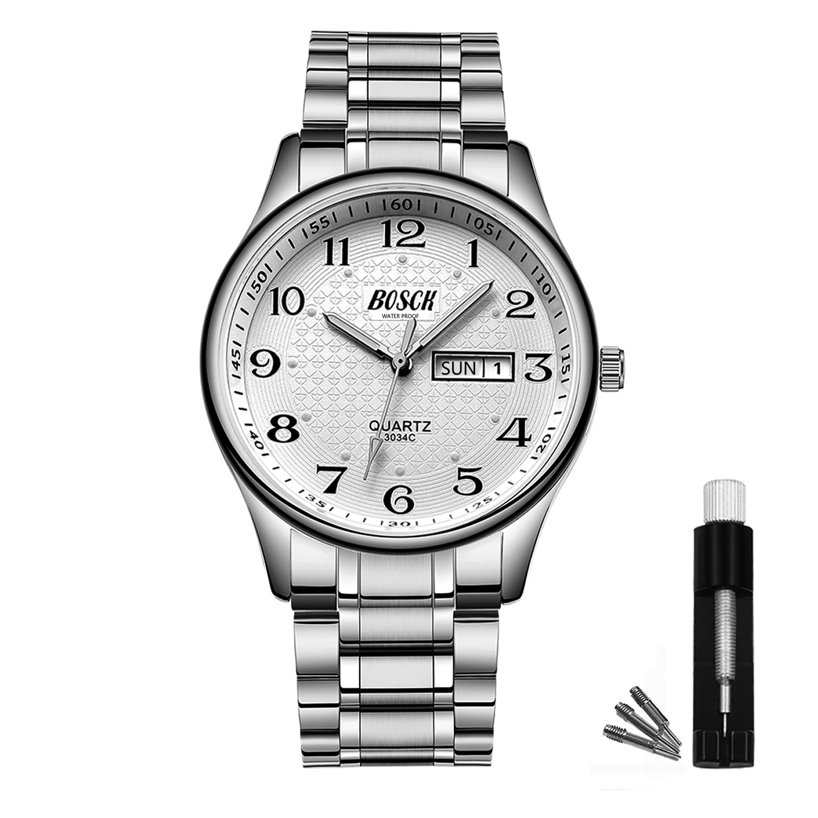 BOSCK Mens Watch,40mm Easy Read Auto Date and Day Stainless Steel Business Watch for Men,30M Waterproof Sports Mens Wrist Watche