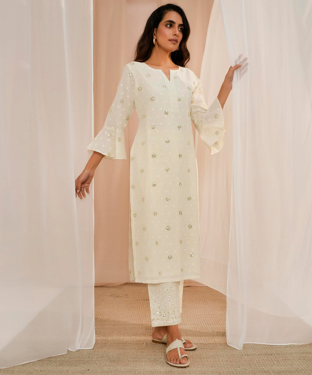 Libas Womens Embroidered Cotton Straight Kurta With Trousers And Dupatta
