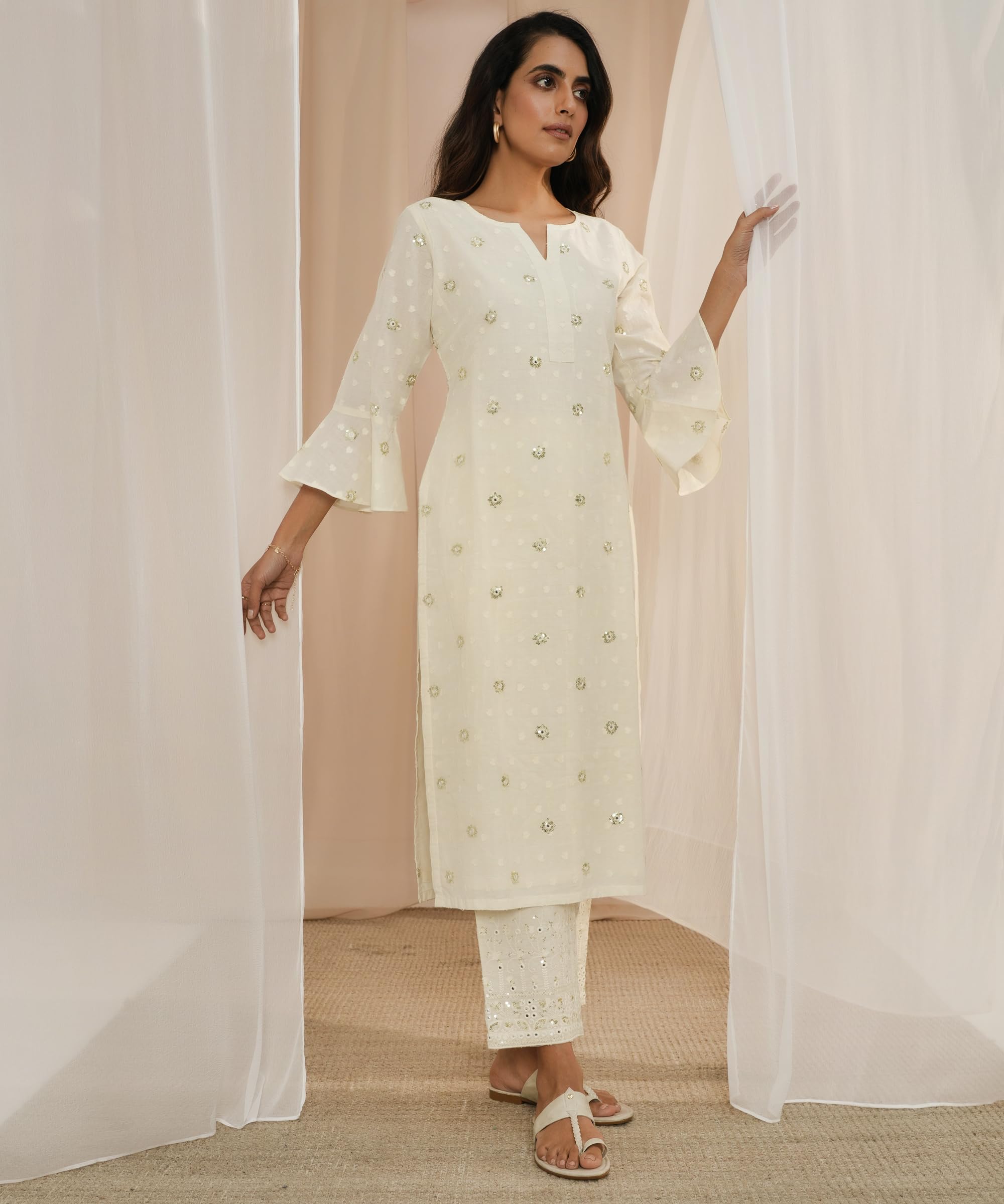 Libas Womens Embroidered Cotton Straight Kurta With Trousers And Dupatta