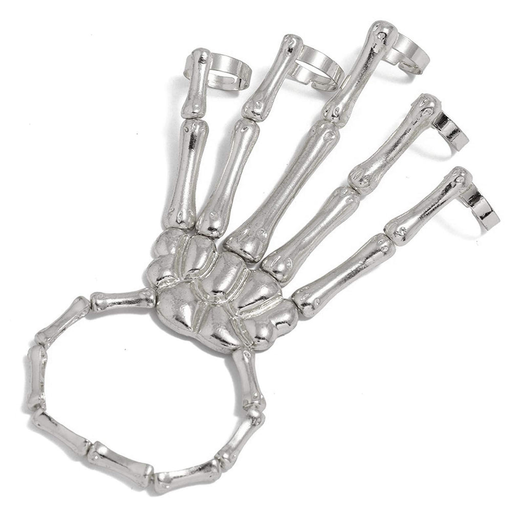 Caiyao Gothic Halloween Skull Skeleton Metal Fingers Hand Bone Bracelet with Adjustable Ring Wristband Handmade Punk Jewelry for