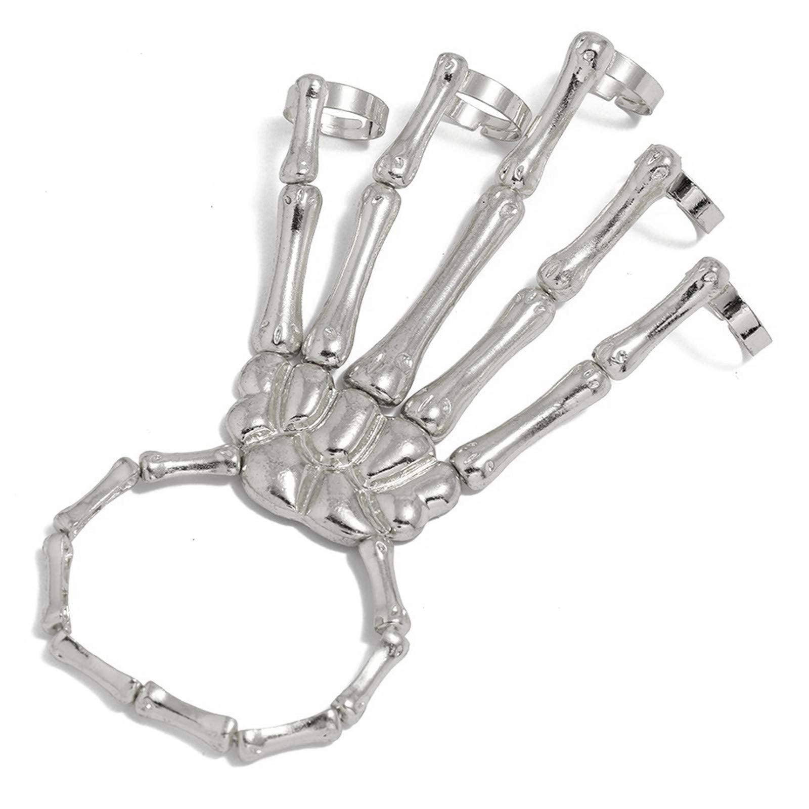 Caiyao Gothic Halloween Skull Skeleton Metal Fingers Hand Bone Bracelet with Adjustable Ring Wristband Handmade Punk Jewelry for