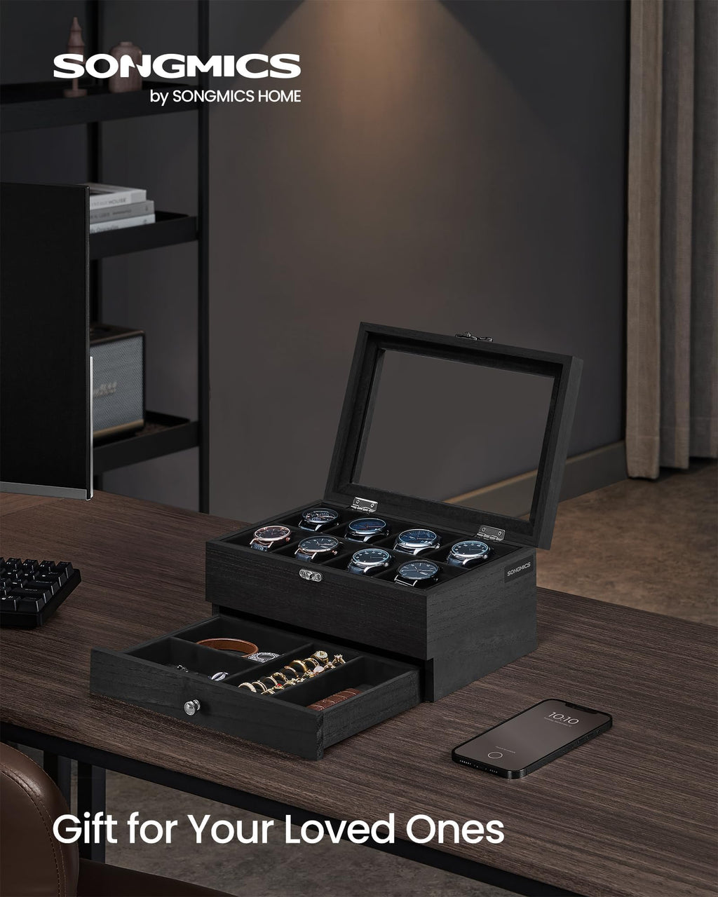 SONGMICS 8-Slot Watch Box, 2-Tier Display Case With Large Glass Lid, Removable Pillows, Velvet Lining, Jewelry Box, Gift Idea, I