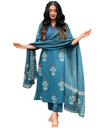 ANNI DESIGNER Womens Rayon Blend Straight Printed Kurta with Pant & Dupatta (Jimny Blue_S_Blue_Small)