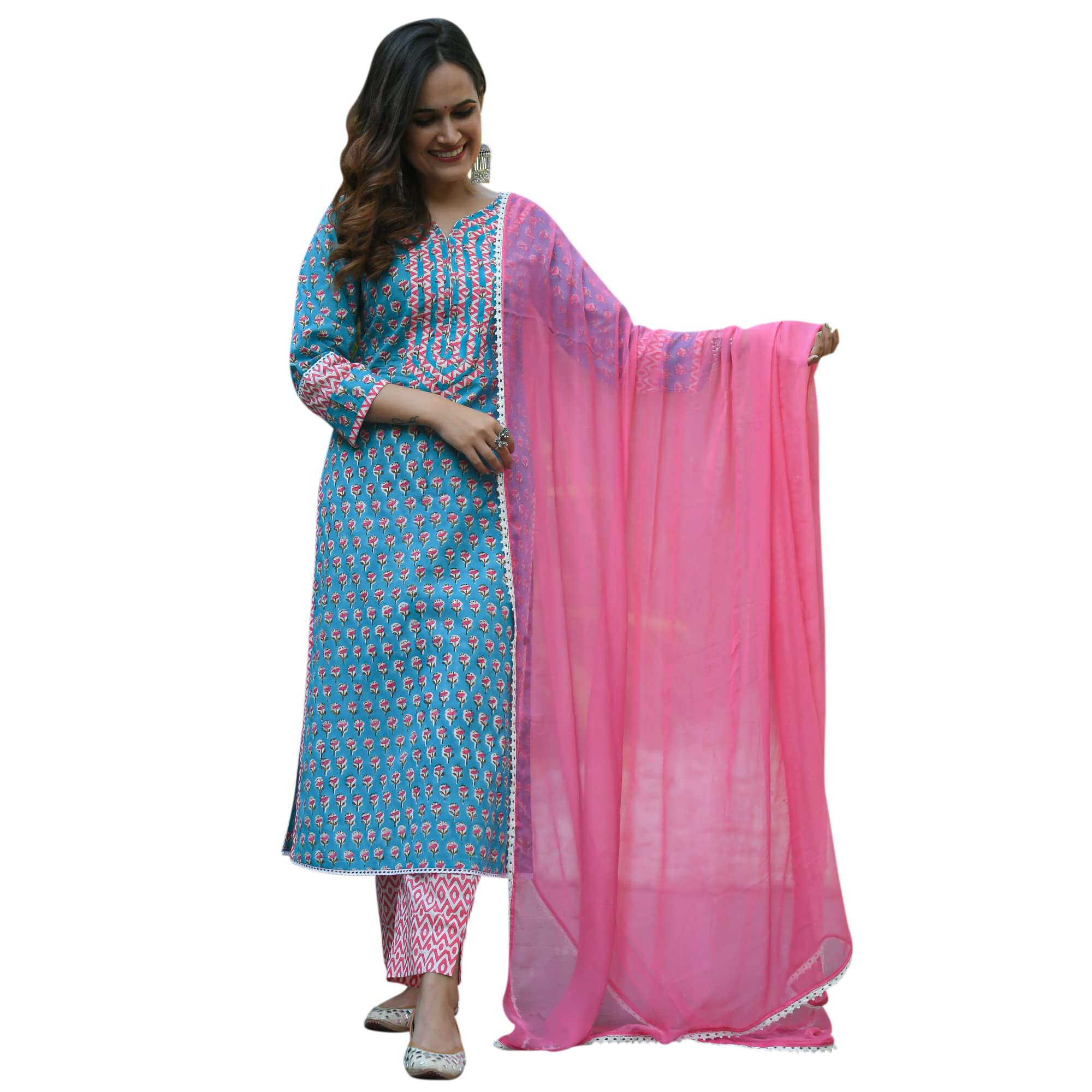 Gosriki Women'S Pure Cotton Straight Kurta With Palazzos & Dupatta (Bp Cotton-Go_Xl_Blue_X-Large)