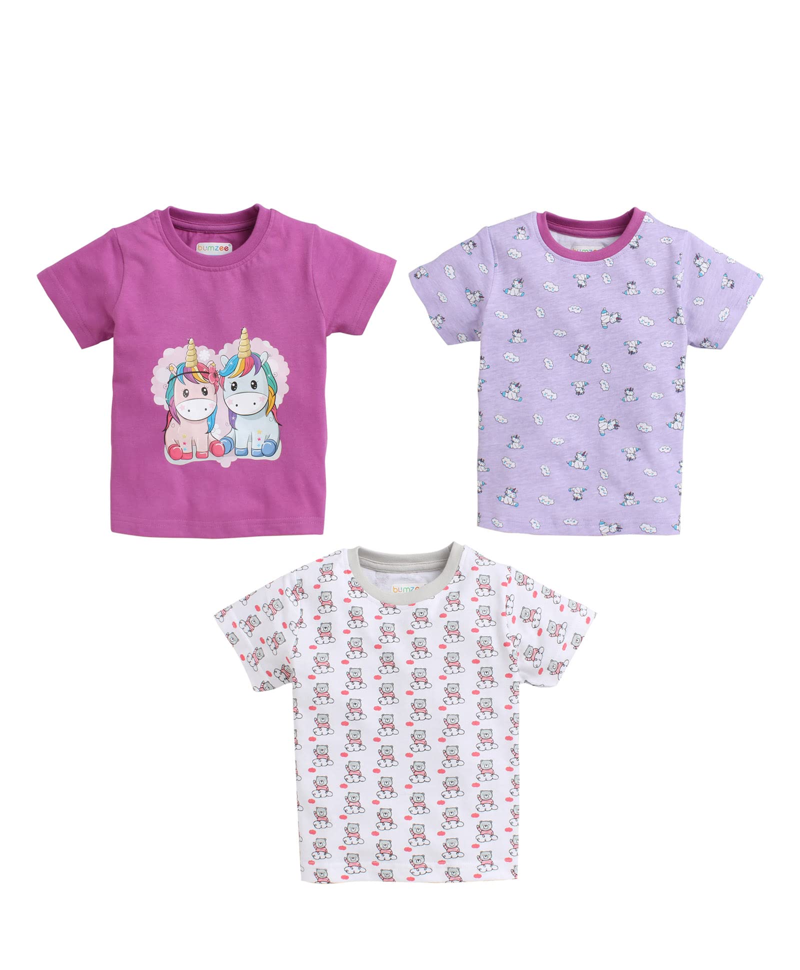 Bumzee Purple & Magenta Half Sleeves Baby Girls T-Shirt Pack Of 3 Age - 3-6 Months
