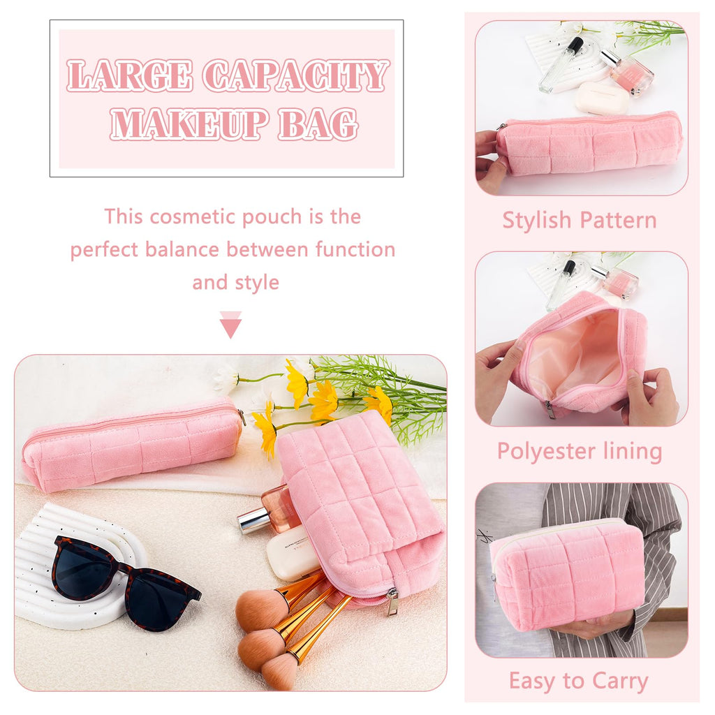 2Pcs Makeup Bag for Women Girls Pencil Pouch Travel Small Cosmetic Bag Set Cute Plush Pink Makeup Pouch Purse Pencil Case Pencil