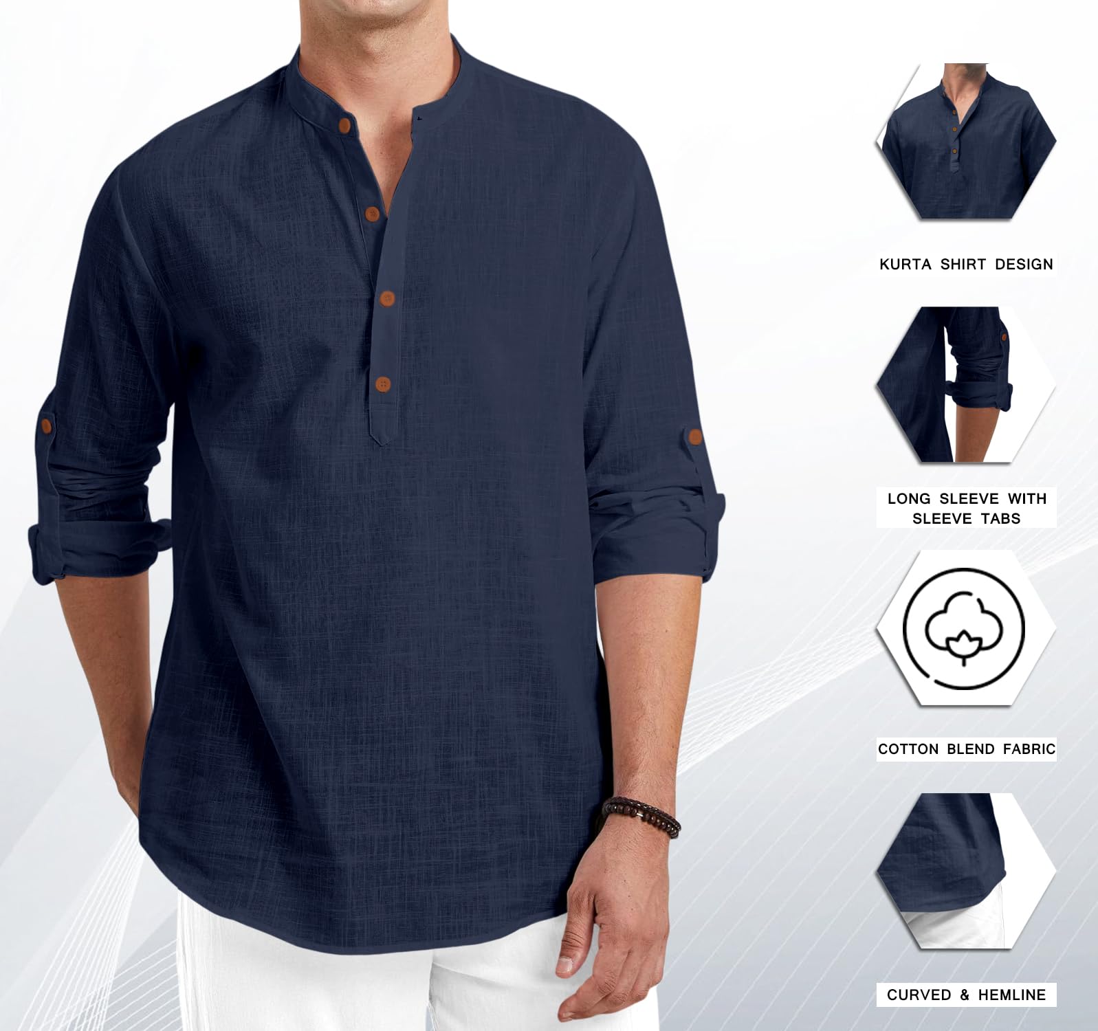 Royalscout Men Cotton Blend Full Sleeve Short Kurta Navy
