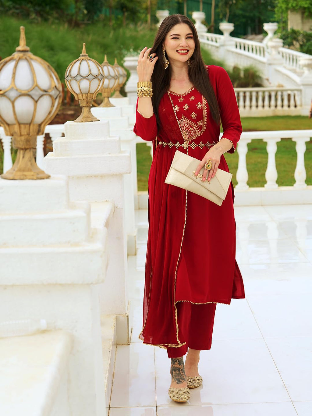 ANNI DESIGNER Ladies Cotton Blend Kurta with Trousers and Dupatta, dark red, M