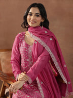 Libas Womens Embroidered Silk Blend Straight Kurta With Palazzos And Dupatta