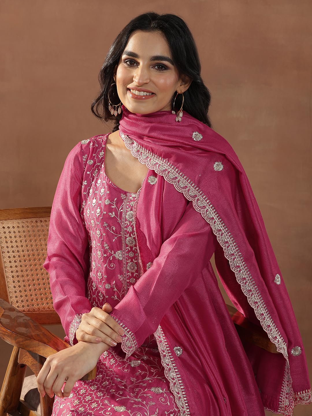 Libas Womens Embroidered Silk Blend Straight Kurta With Palazzos And Dupatta