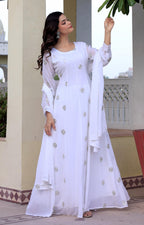 Wedani Georgette White Embroidered Anarkali Dress for Women