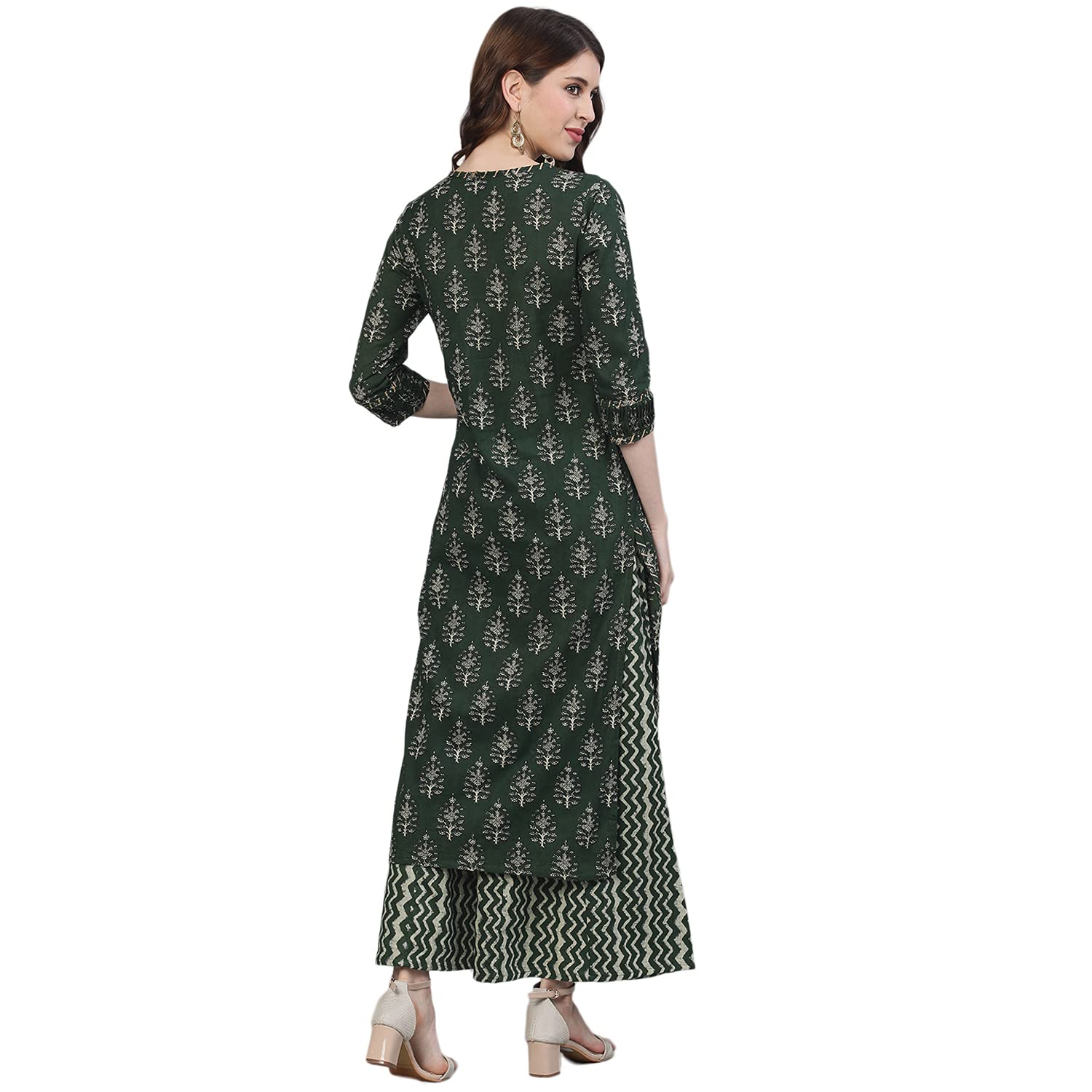 Ishin Women'S Pure Cotton A-Line Printed Gotta Patti Colourblocked Print Green Kurta Suit Set With Palazzo