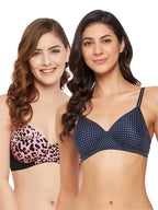 Clovia Womens Pack of 2 Padded Non-Wired Full Cup Printed T-Shirt Bra (COMBR1101_Navy Blue & Pink_38B)