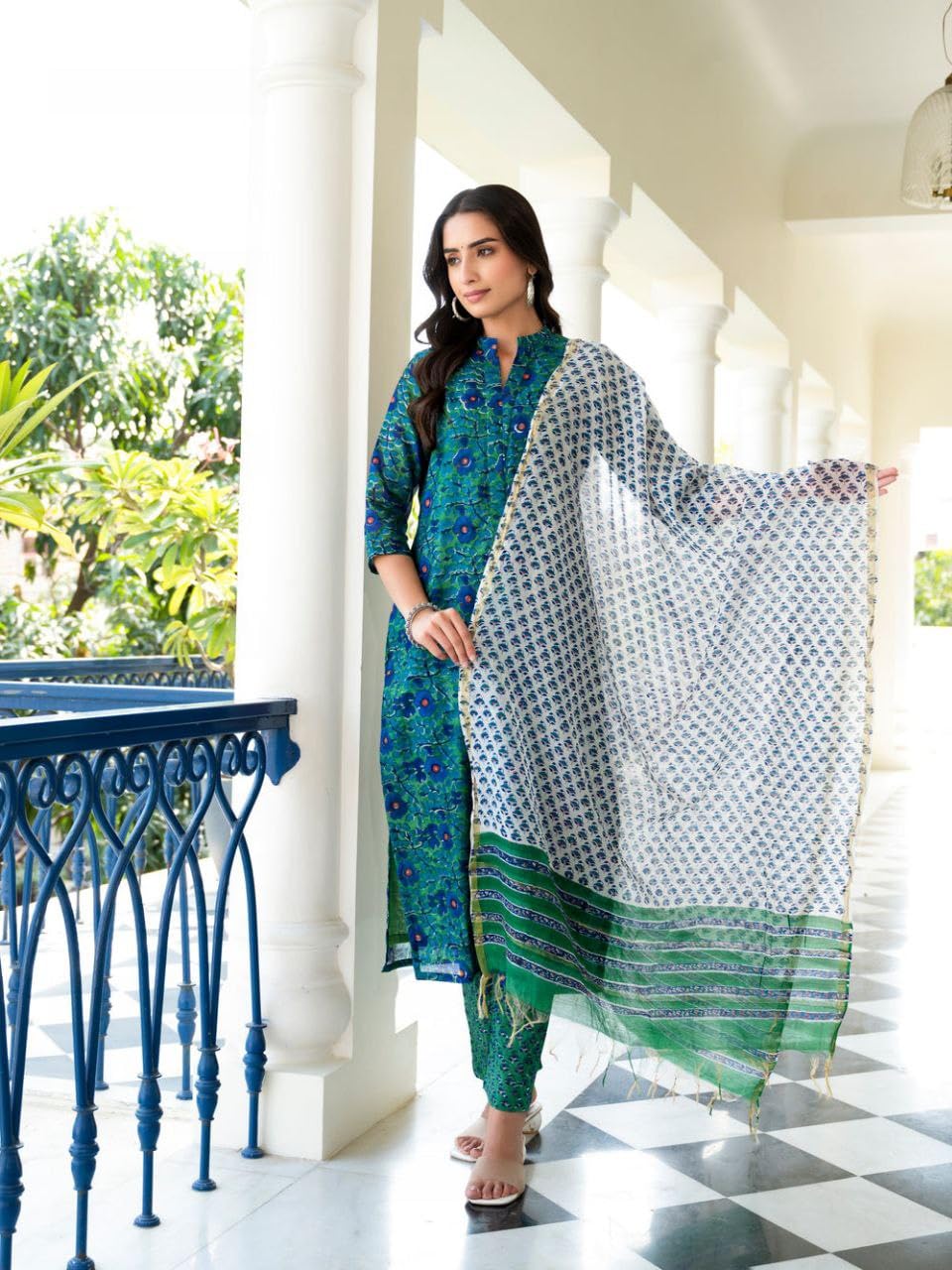 Modestouze Attires WomenS Rayon Blend Floral Printed Salwar Suit Set | V Neck 3/4 Sleeve Calf Length Kurta And Dupatta With Pri