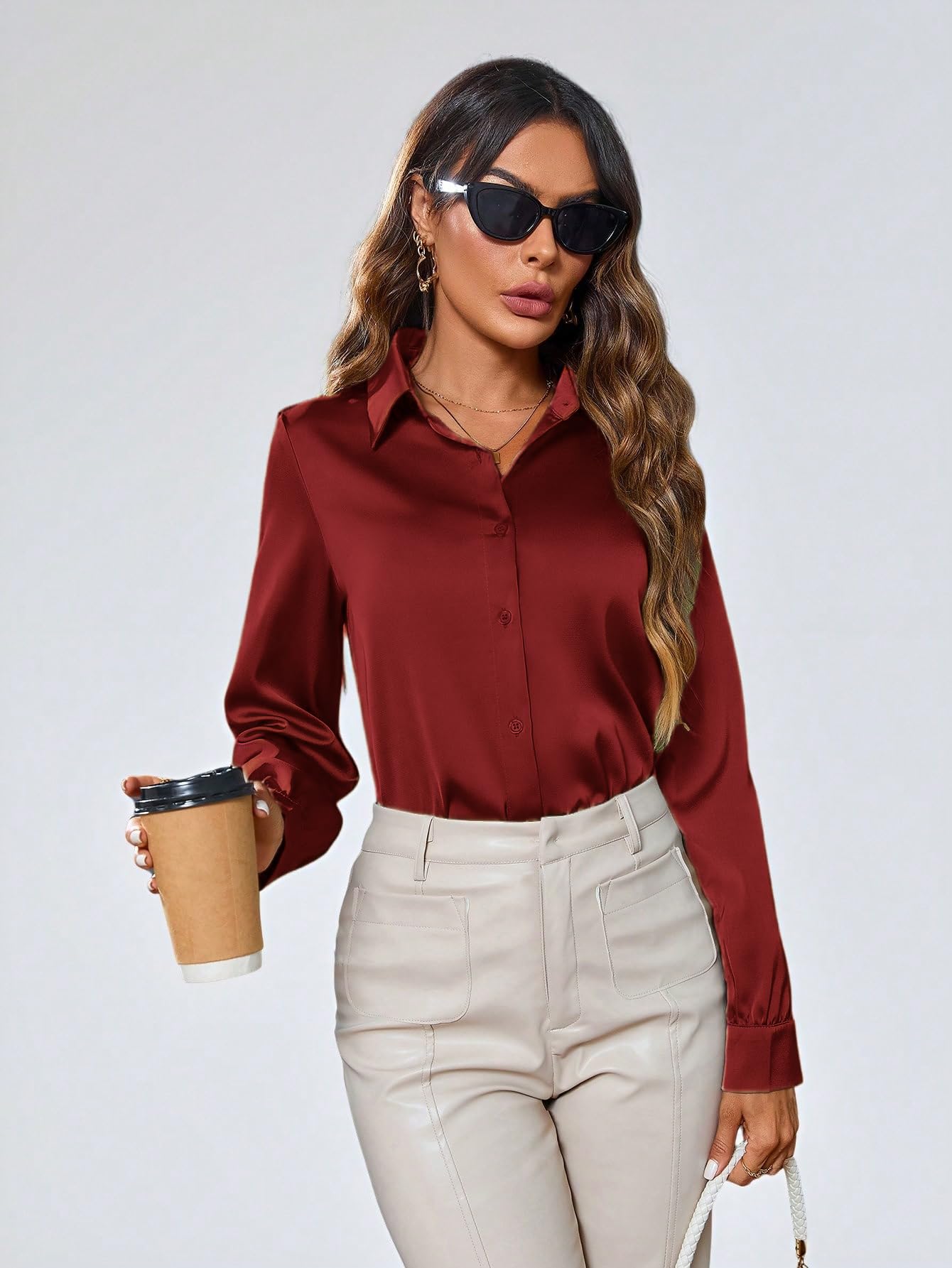 Indoprimo WomenS Solid Satin Casual Shirt | Stylish Western Long Sleeve Shirt For Women