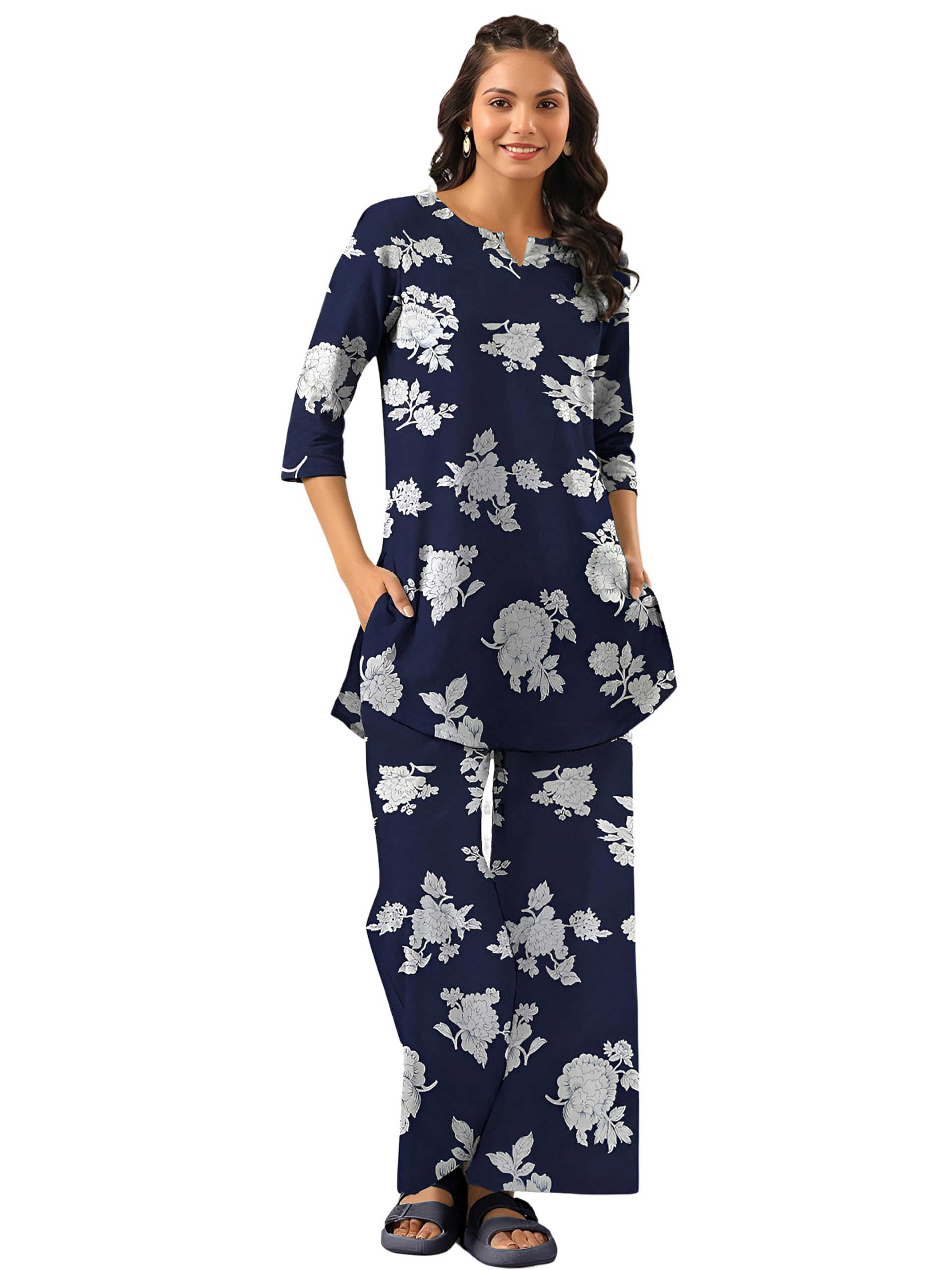 Tee Projekt Cotton Ethnic Wear Co Ord Set For Women | Travel Co Ord Set For Women Navy Blue