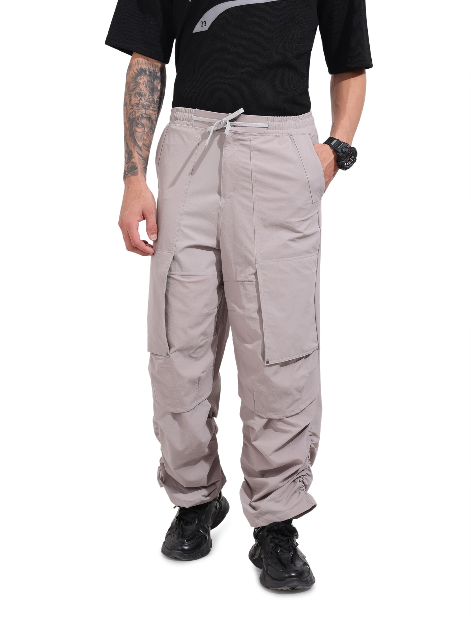 The Indian Garage Co Mens Mid-Rise Stretchable Baggy Parachute Trousers Pants