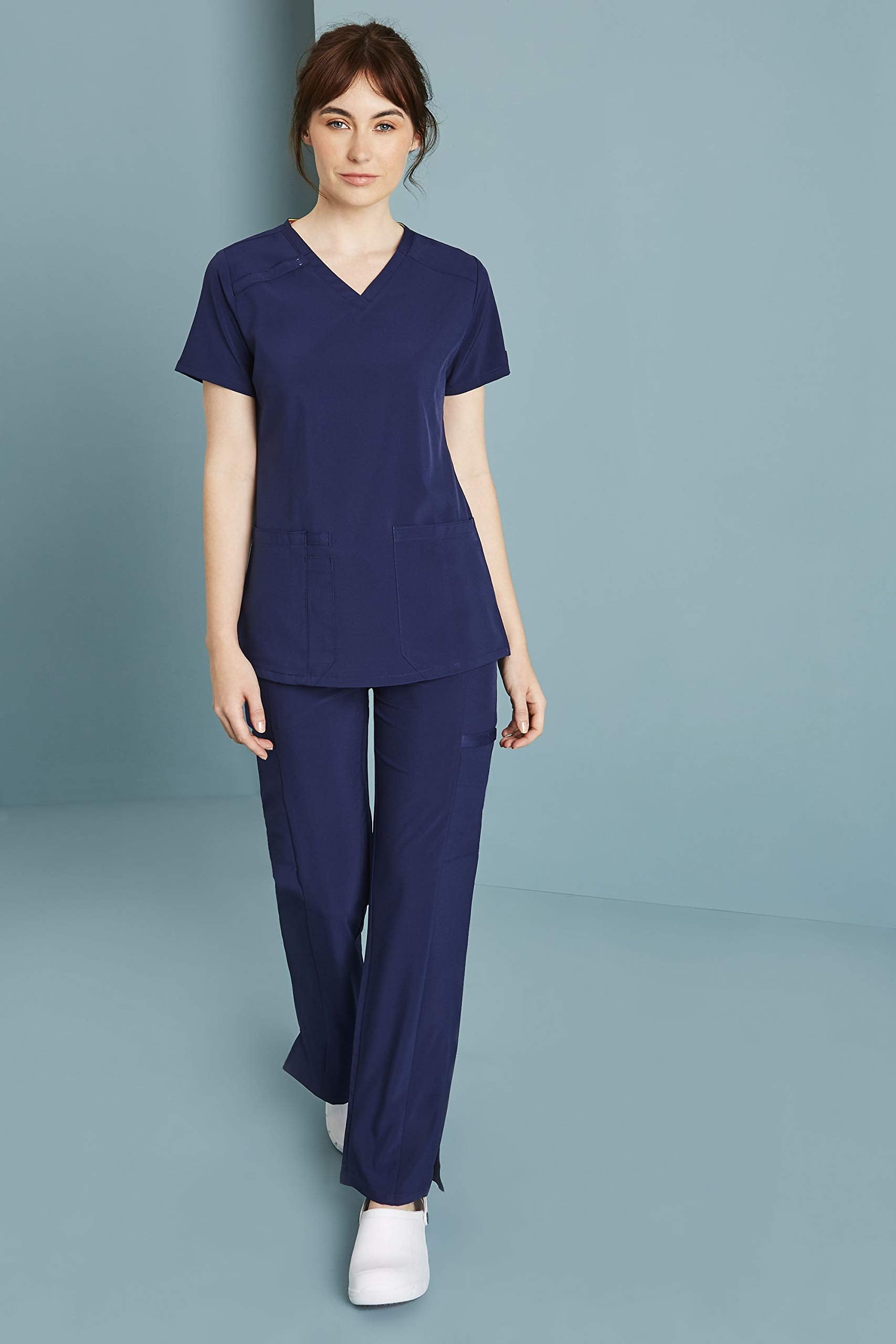 Dickies EDS Essentials Scrubs, V-Neck Womens Tops with Four-Way Stretch and Moisture Wicking DK615, XS, Navy