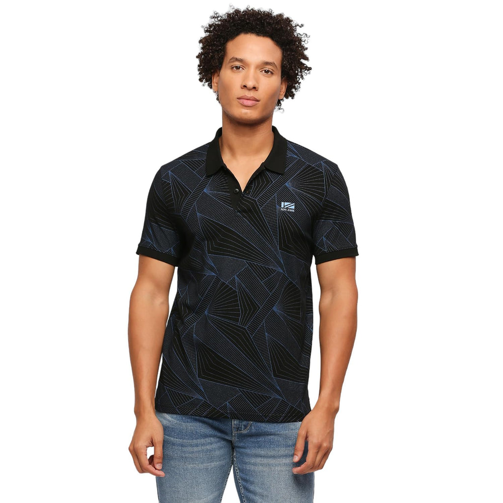 Pepe Jeans Men Cotton Regular Fit Printed Polo T-Shirts Black, Small