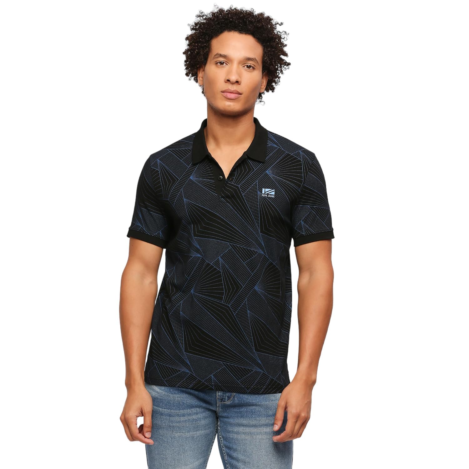 Pepe Jeans Men Cotton Regular Fit Printed Polo T-Shirts Black, Small
