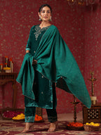 ishin Womens Velvet Ethnic Motifs Zari Teal Straight Kurta Suit Set with Trousers and Dupatta