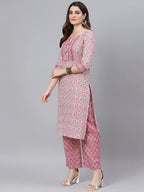 idaLia Womens Ethnic Wear Pink Printed Straight Cotton Kurta Set with Dupatta for Women