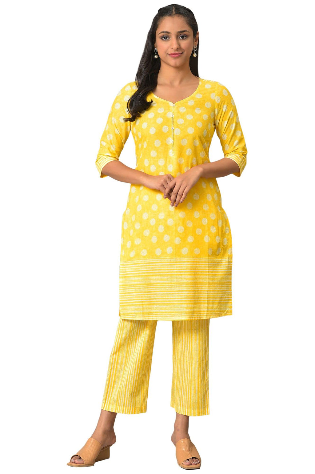 Yellow Polka Dots Printed Cotton Kurta With Narrow Palaza