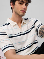 The Souled Store Popcorn Stripes: Nautica Men and Boys Short Sleeves Collared Neck White Striped Cotton Blend Oversized Polos