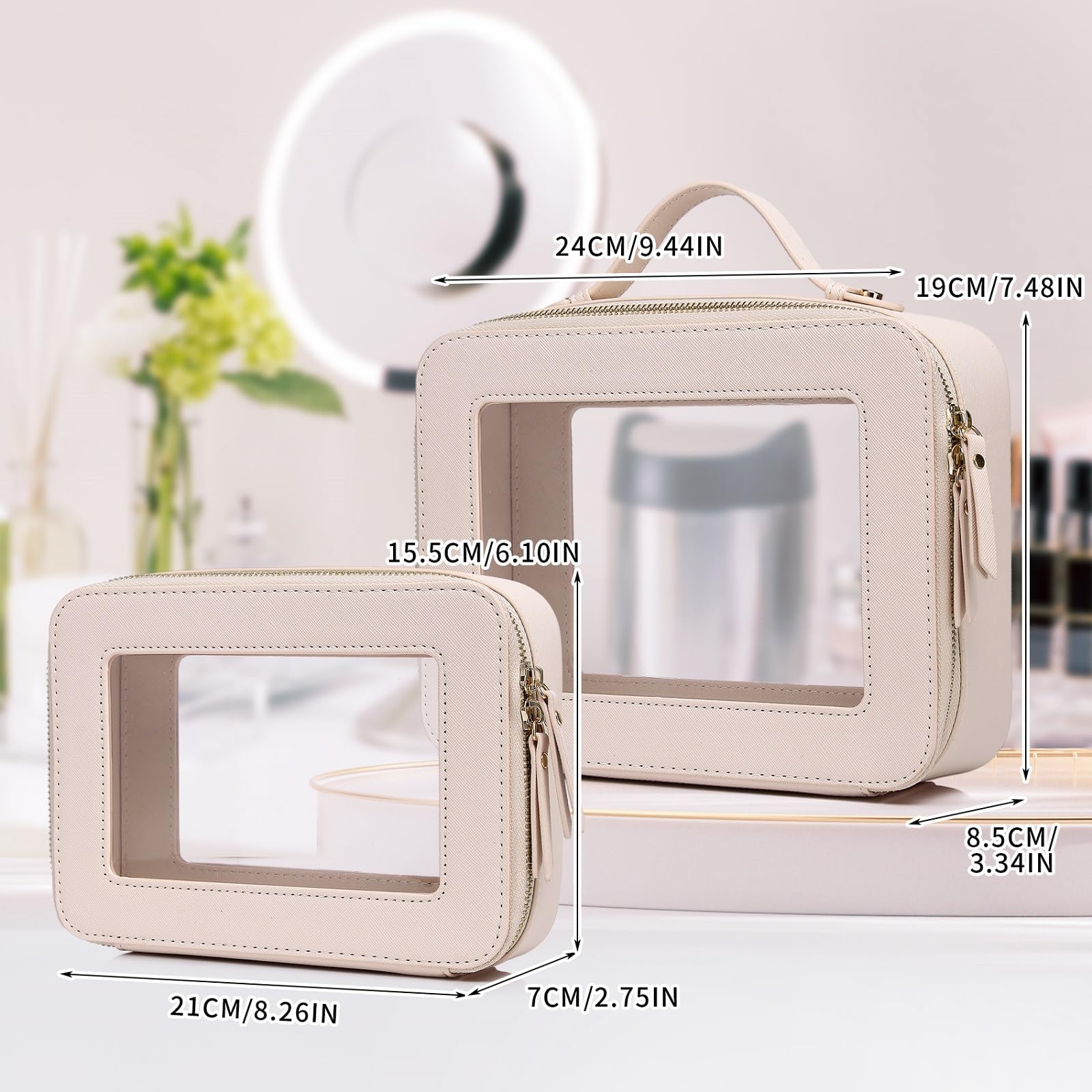 Pinkmik Clear Makeup Bag Transparent Travel Case for Cosmetics and Toiletries Women's Brush Bag and Clear Car Bag with Zipper