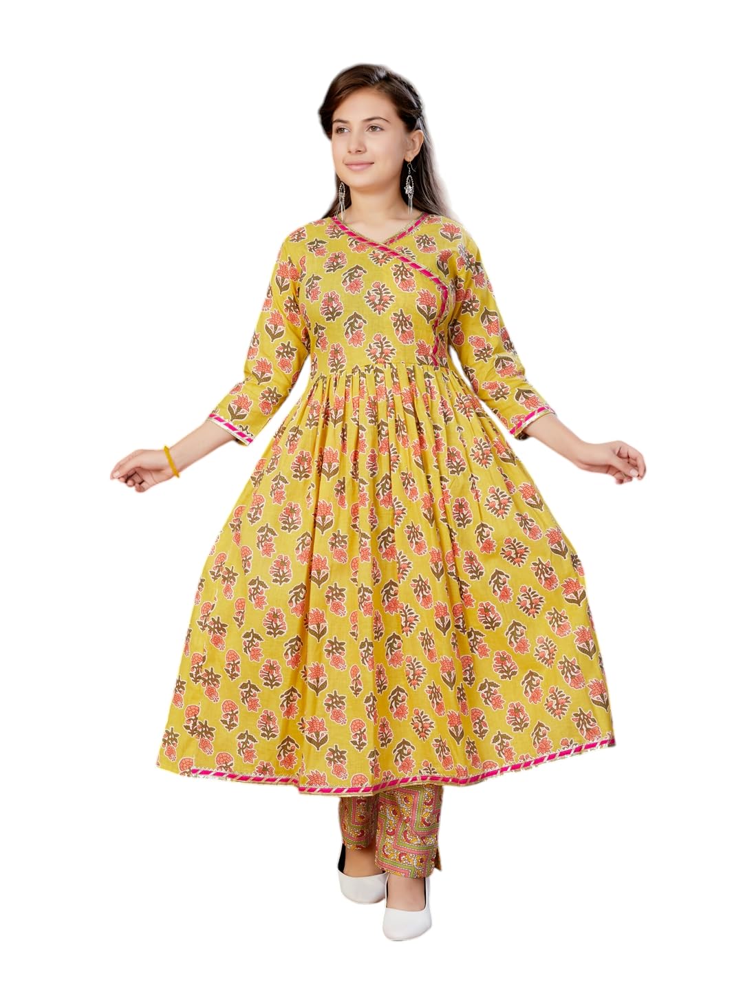 Aarika Girls Ethnic Wear Yellow Colour Floral Print With Gota Lace Work Cotton Kurti (9-16 Years)