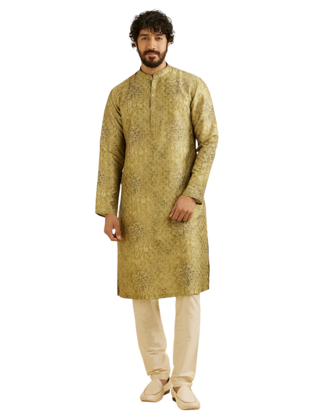 Manyavar Mens Art Silk Printed Kurta Set (Green,XXL)
