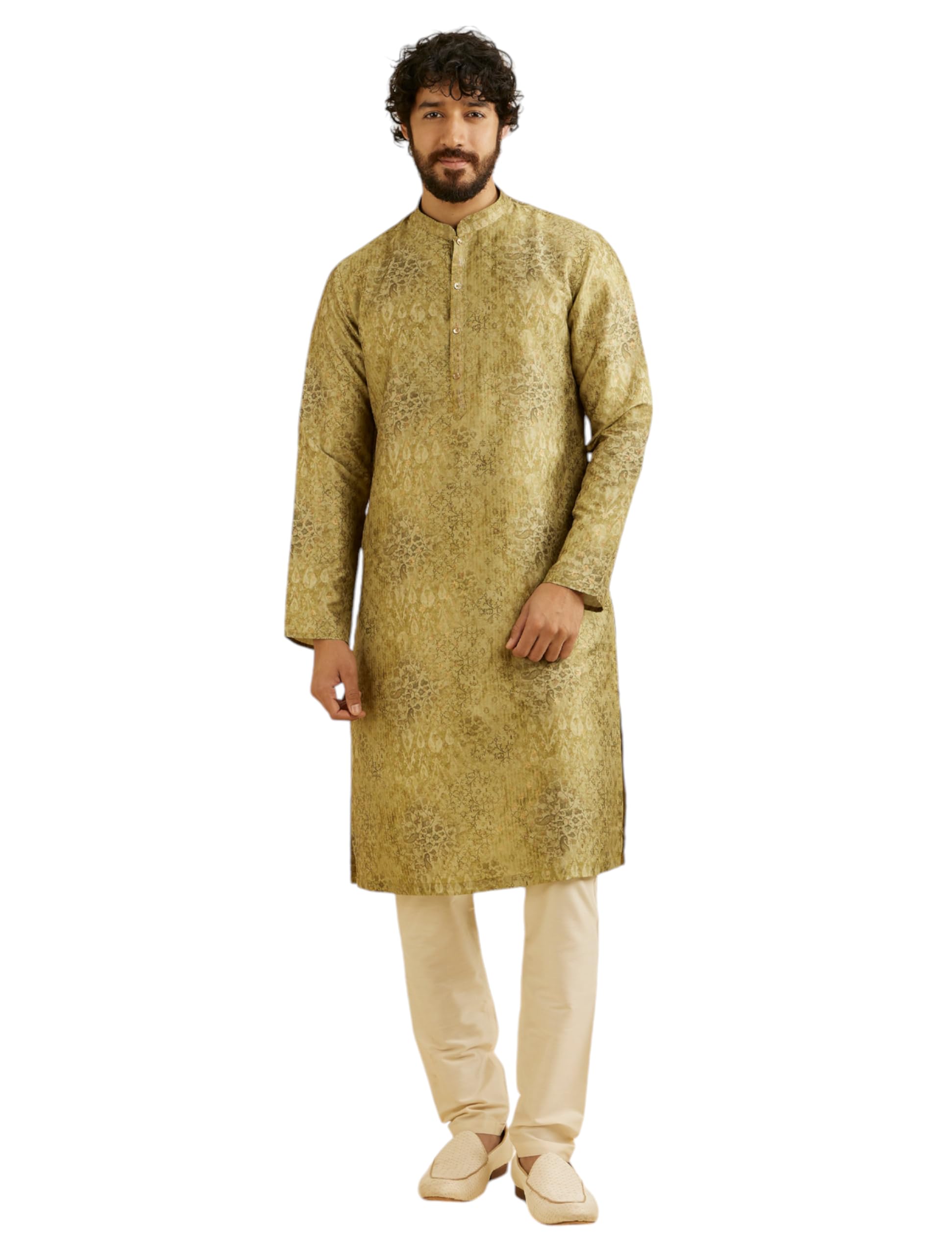 Manyavar Mens Art Silk Printed Kurta Set (Green,XXL)
