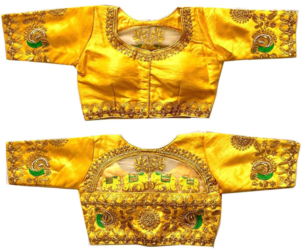 Pujia Mills Womens Malbari Phantom Silk Half Sleeve Blouse (Handwork Blouse_Yellow_42)