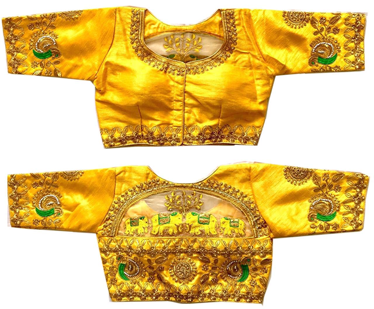 Pujia Mills Womens Malbari Phantom Silk Half Sleeve Blouse (Handwork Blouse_Yellow_42)