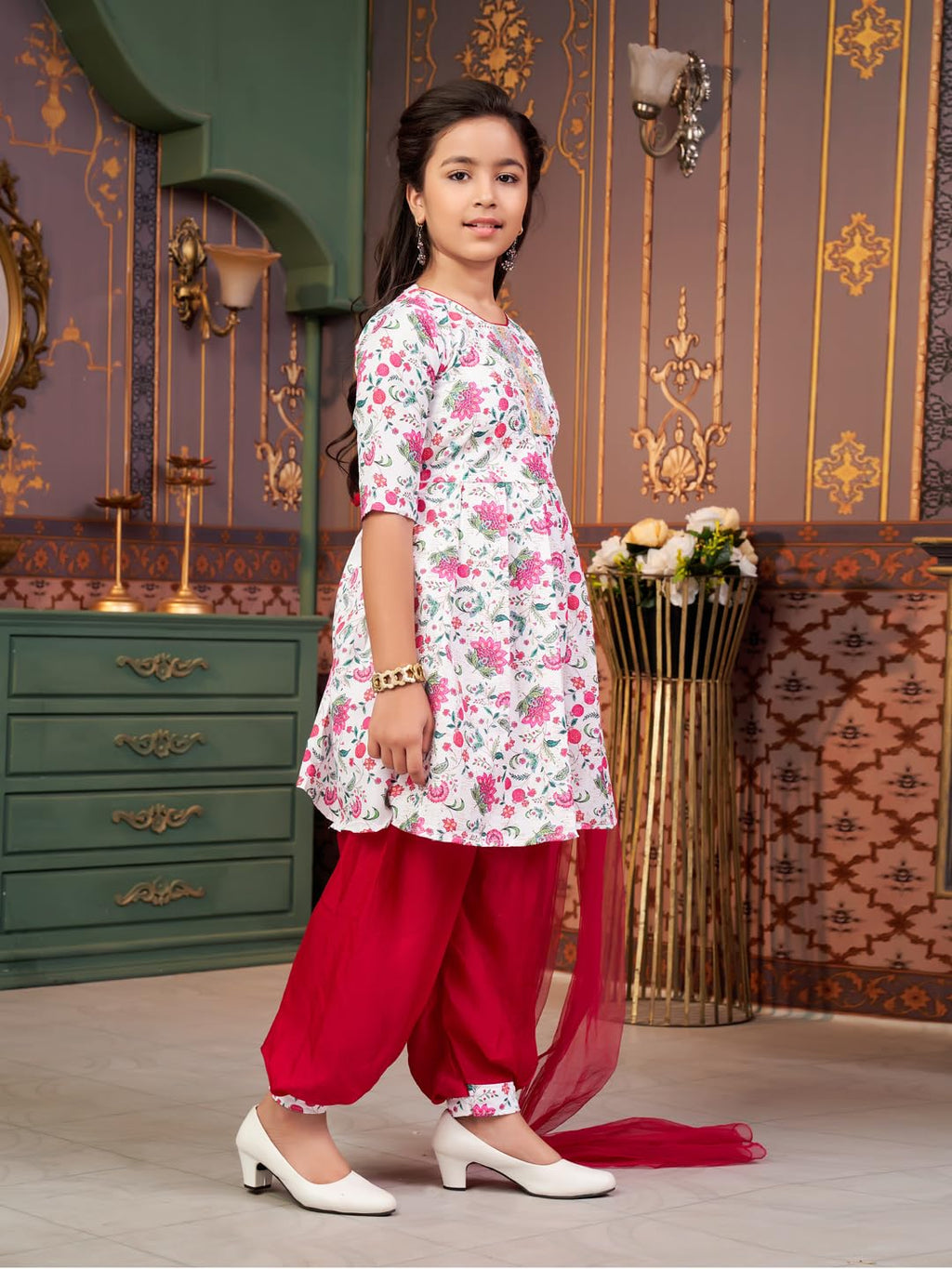 Aarika Girls Ethnic Wear Rani-White Colour Floral Print Beads Work Polycrepe Kurti Patiala Set With Dupatta-3-13 Years (Pt-Shm-5