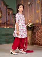 Aarika Girls Ethnic Wear Rani-White Colour Floral Print Beads Work Polycrepe Kurti Patiala Set With Dupatta-3-13 Years (Pt-Shm-5