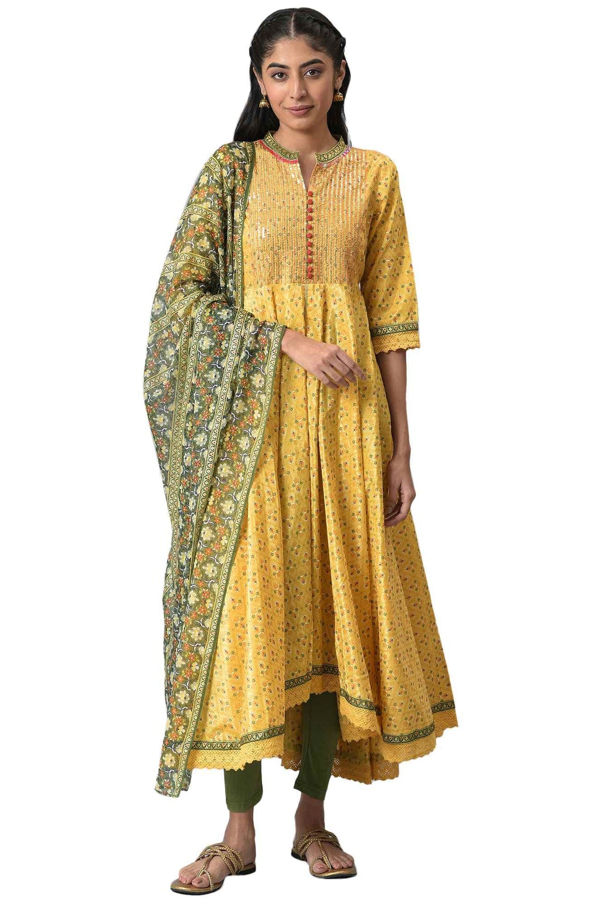 Aurelia Women Yellow Floral Printed Kurta With Green Tights And Dupatta_22Aud10440-505690_Xl