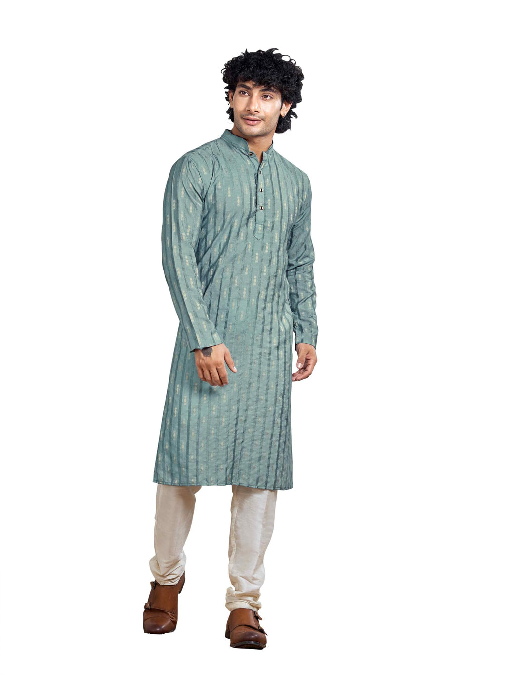 Vardha MenS Viscose Woven Jacquard Stitched Kurta, Blue Linear Striped & Diamond Jacquard Kurtas For Men, Mandarin Collar, Anti