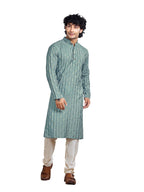 Vardha MenS Viscose Woven Jacquard Stitched Kurta, Blue Linear Striped & Diamond Jacquard Kurtas For Men, Mandarin Collar, Anti