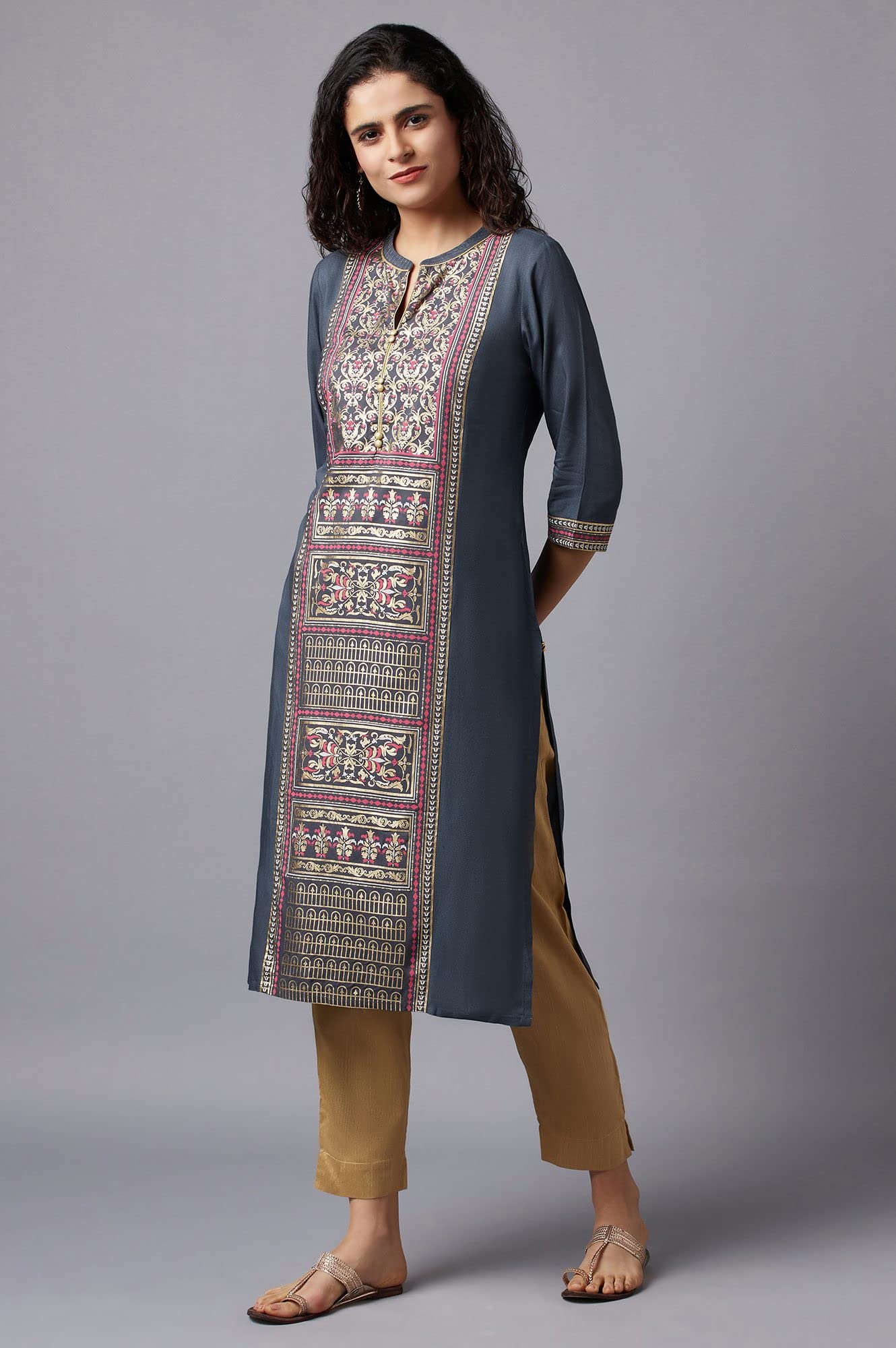 Aurelia Women'S Viscose Grey Floral Band Collar Straight Kurta