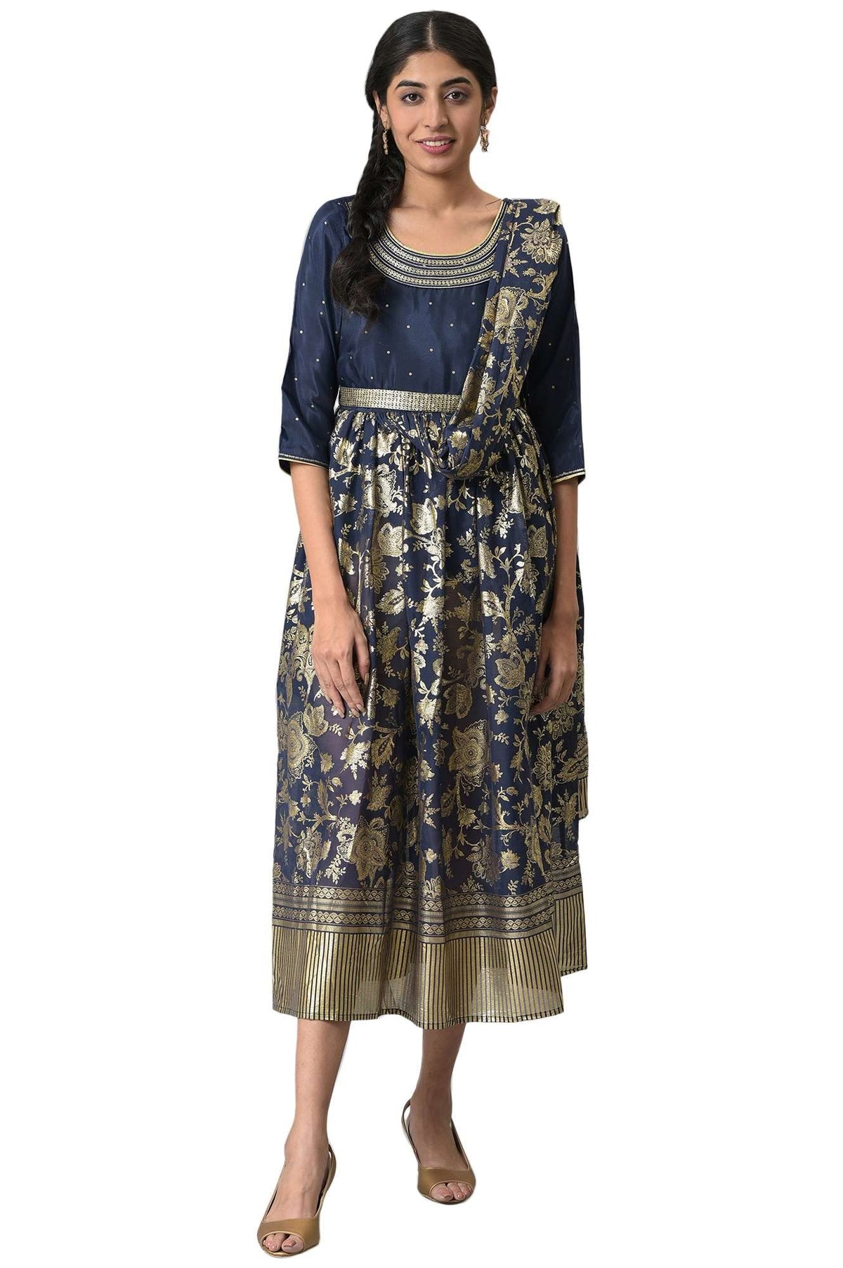 Aurelia WomenS Navy Floral Printed A-Line Dress_22Aua13500-506025_Xxl