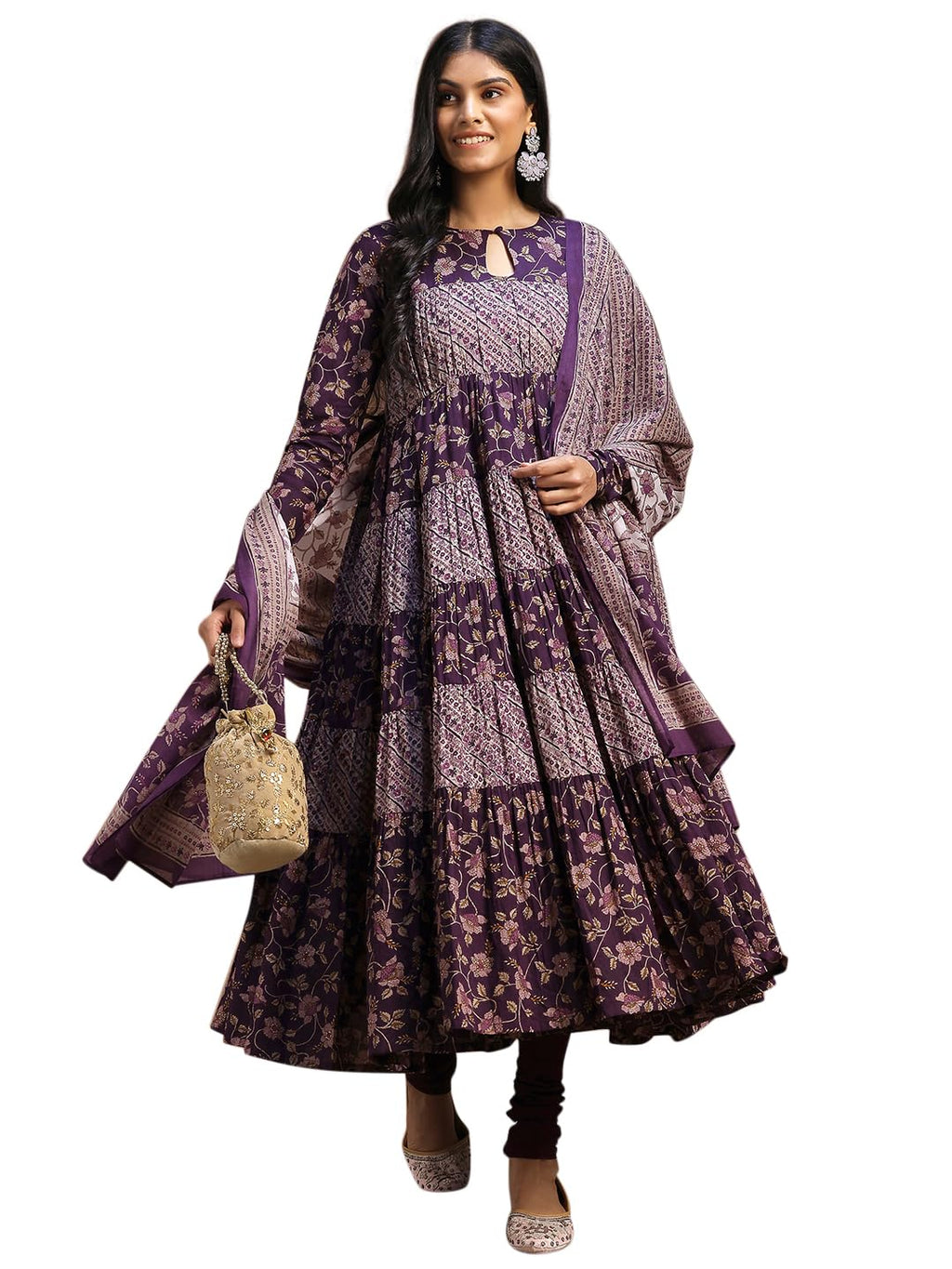 Libas Womens Printed Cotton A-Line Kurta With Churidar And Dupatta