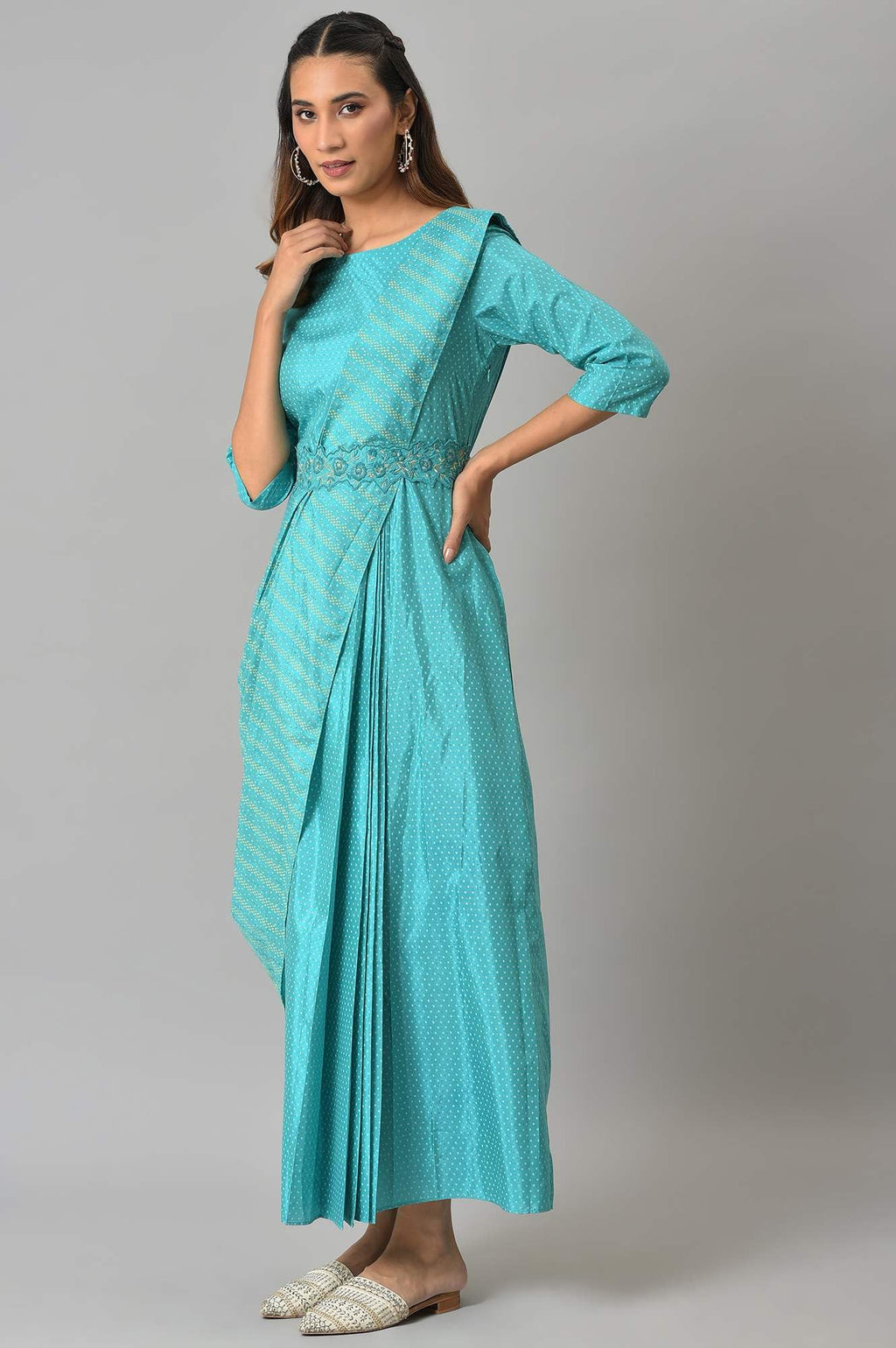 W for Woman Womens Polyester Teal Insta Saree Dress with Embroidered Belt Ankle Length 22AUW18050-120234
